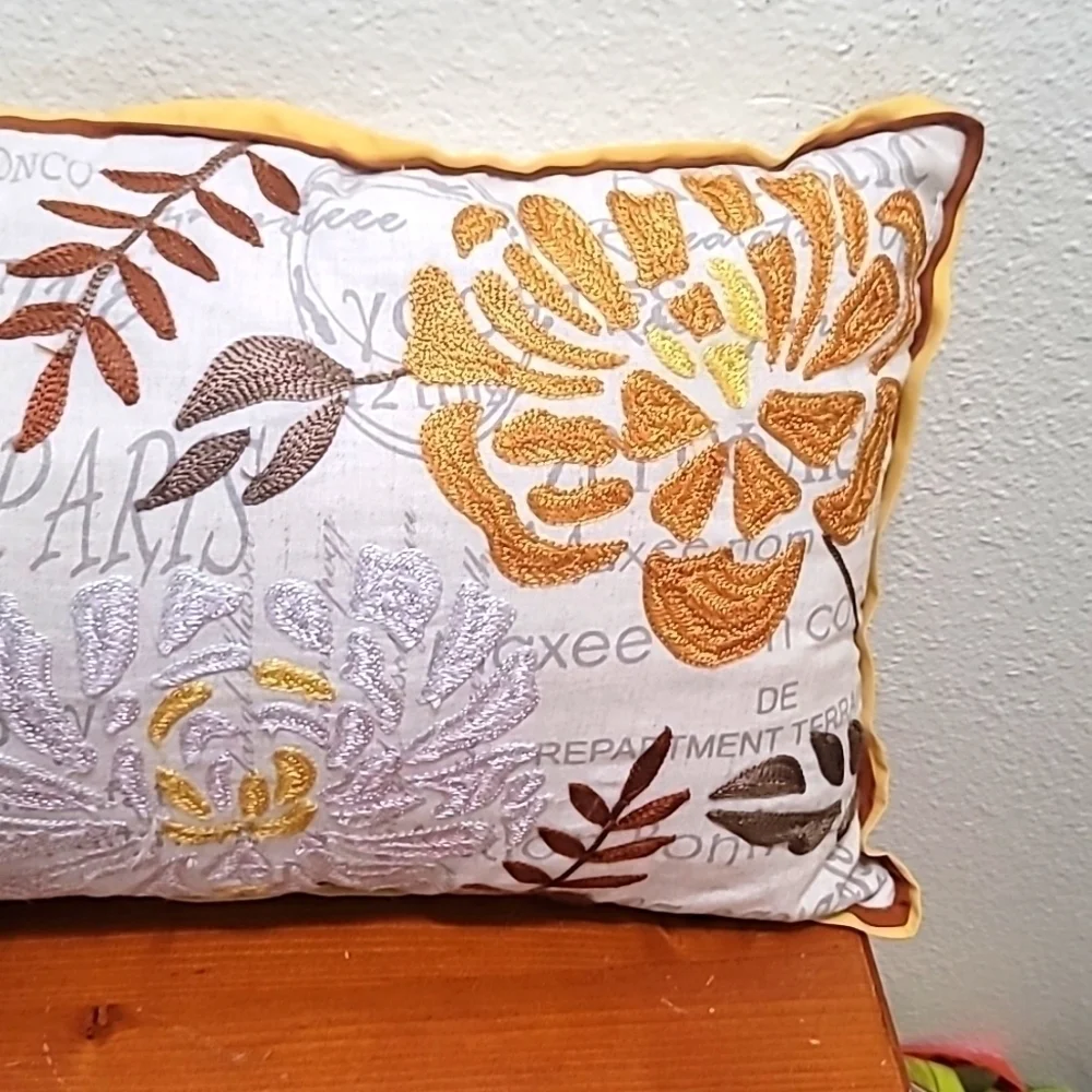 Pier 1 Floral Embroidered Lumbar‎ Pillow Paris Script Yellow Gold 18x12 Accent